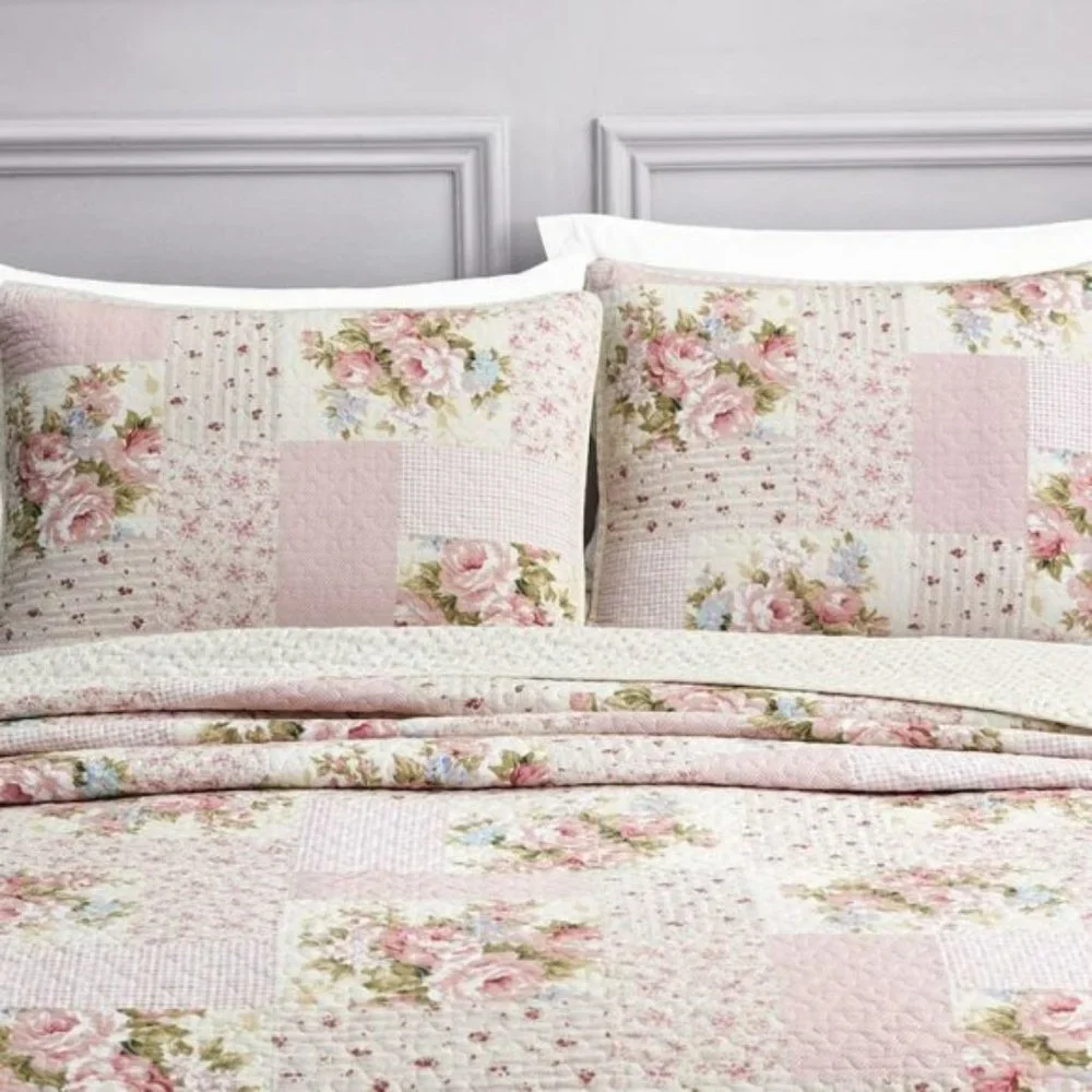 🍁🍁🍁🍂🍂🍂Pre-Washed Cotton Quilt Set - Rosy Pink Chic Floral Bedding Coverlet